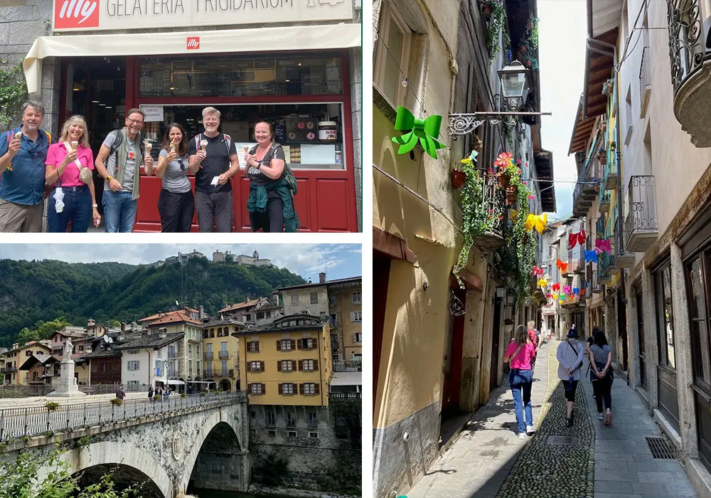 Collage of Italy's Alta Valsesia including people eating gelato